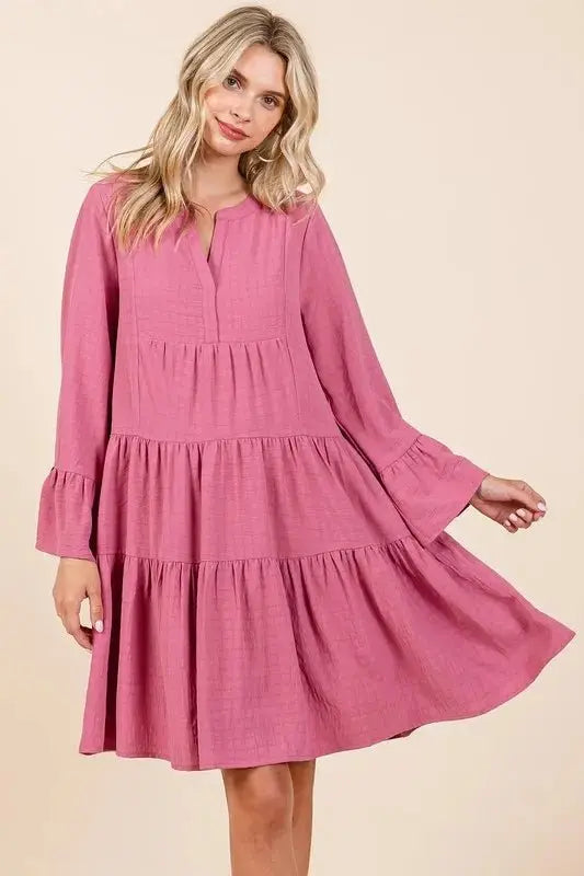 Mittoshop Tiered Notched Flare Sleeve Dress for Women - Love Salve